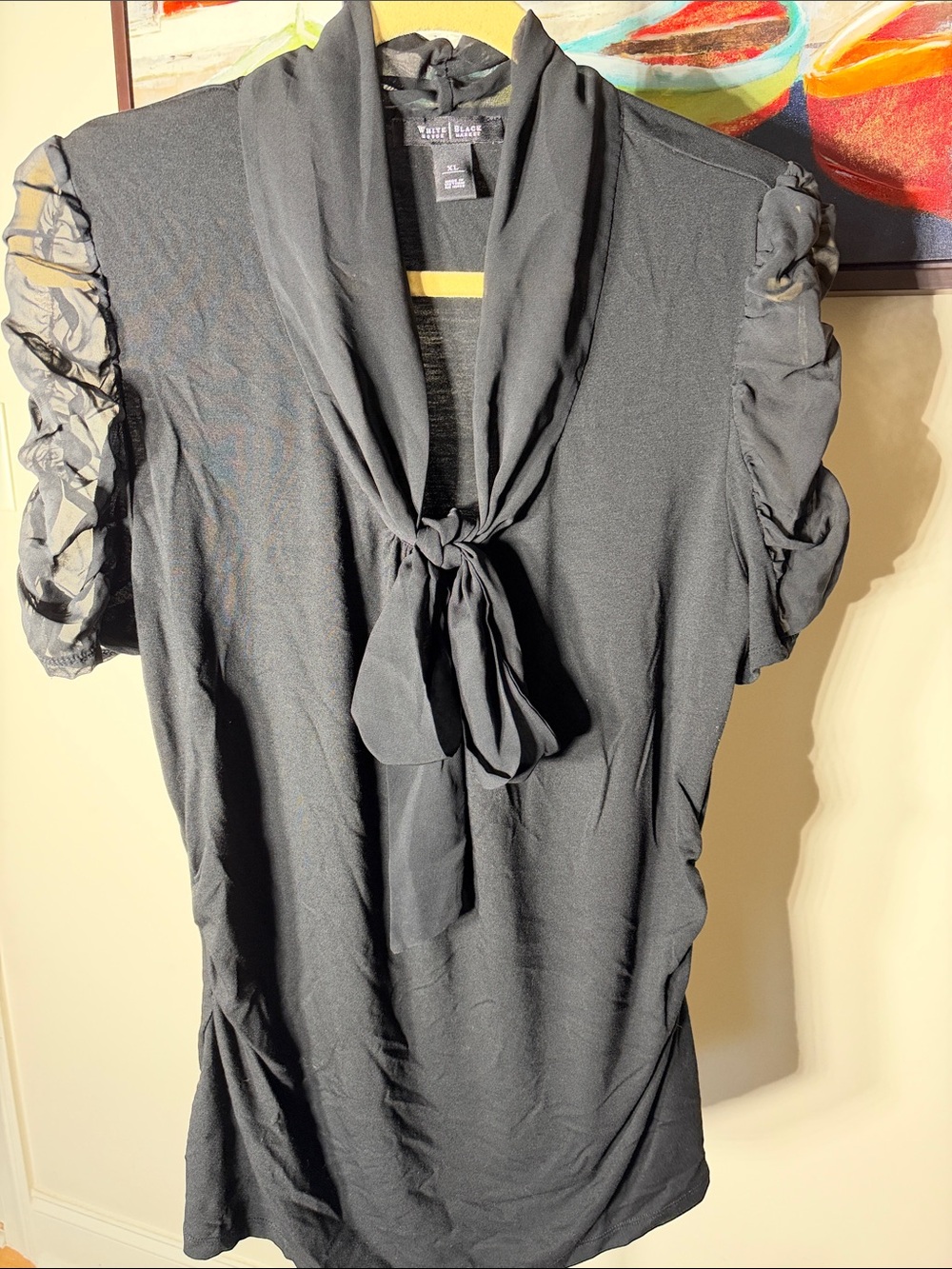 White House Black Market Black Tie-Neck Puff Sleeve Blouse
